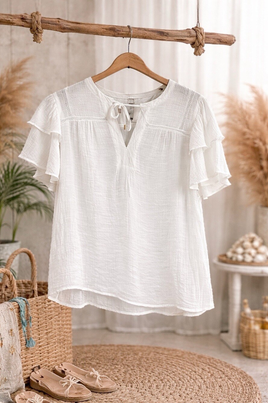 Zac & Rachel White Boho Blouse Size Large Ruffle Sleeve Lightweight Top